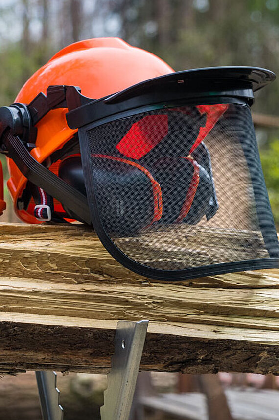 Motorsäge und Helm liegen auf einem Holzstamm