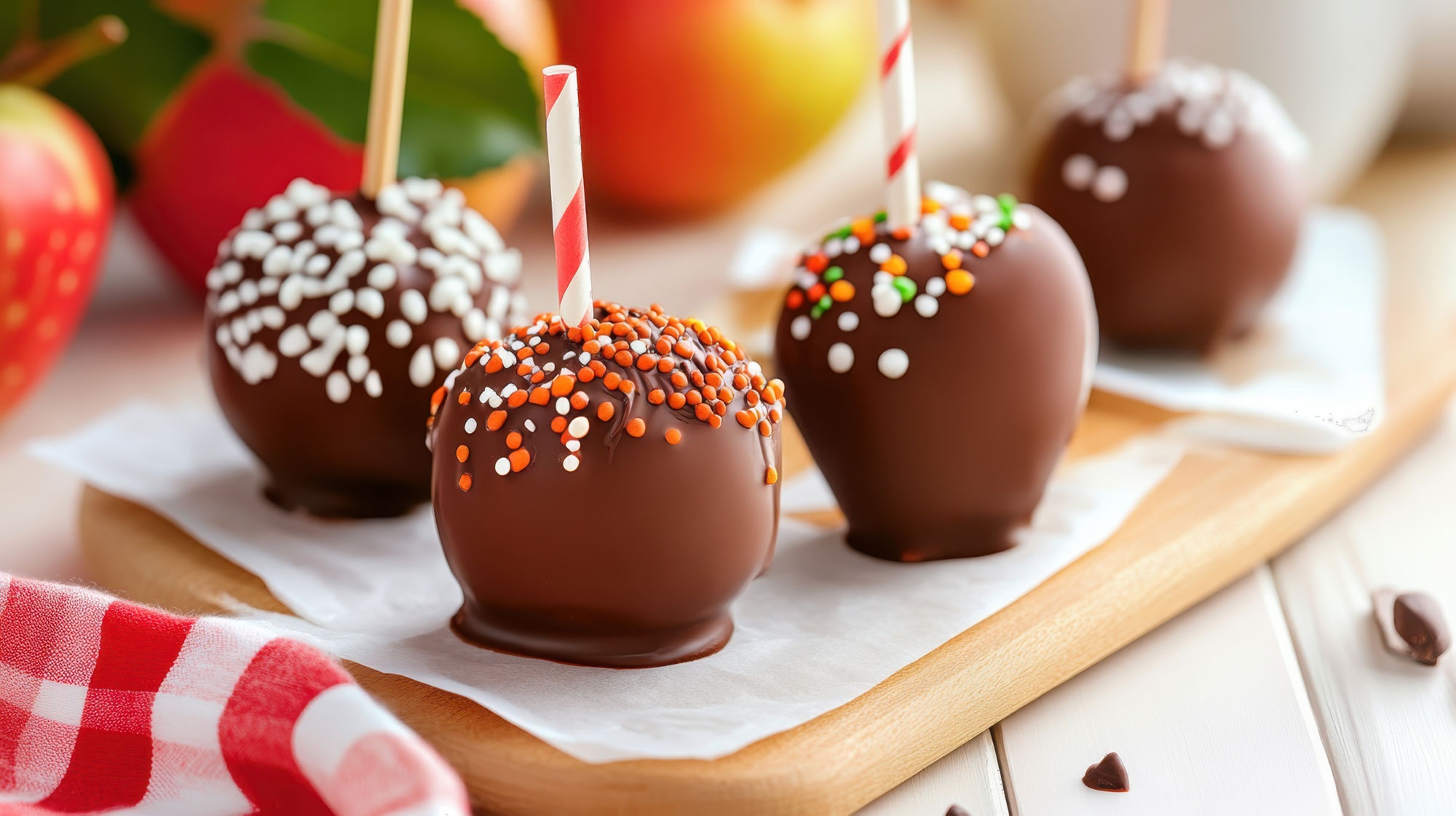 Vier Schokoladenäpfel auf einem Holzbrett