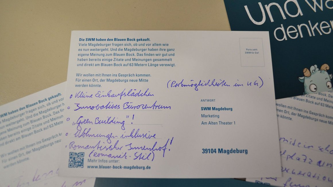 Detailansicht einer Postkarte mit Wünschen zum neuen Blauen Bock