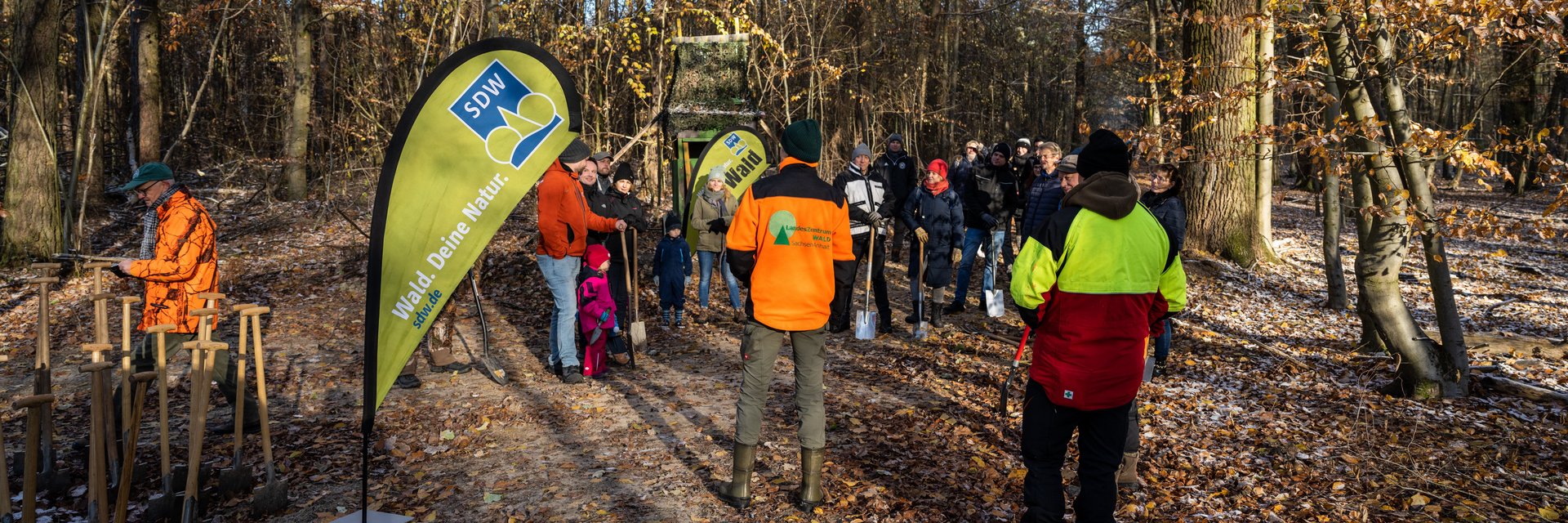 Mann mit Rückenansicht erklärt Detail zum Bäume pflanzen