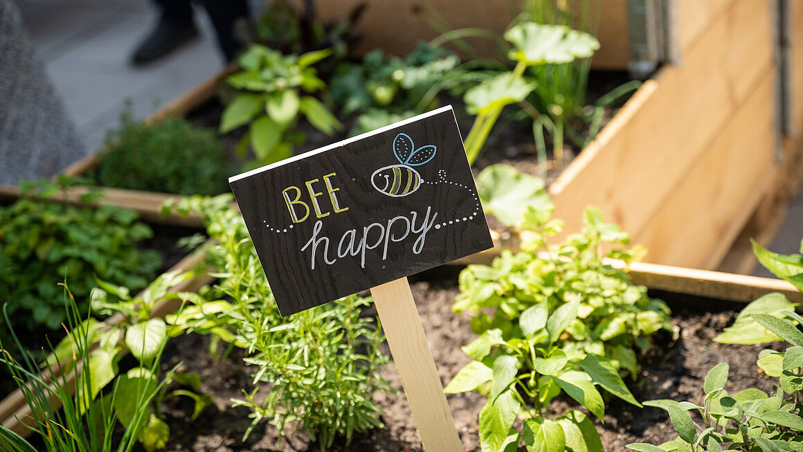 Schild "bee happy" in Nachbars Garten