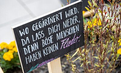 Schild "Wo gegärtnert wird, da lass dich nieder, denn böse Menschen haben keinen Flieder." in Nachbars Garten