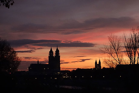 Ansicht des Magdeburger Doms in der Abenddämmerung