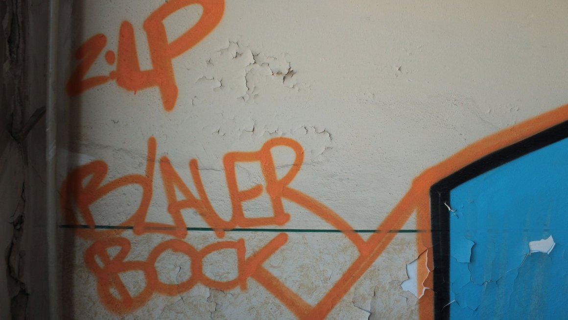 Grafitti "Blauer Bock" im Treppenhaus Alte Blümchentapete im alten Blauen Bock