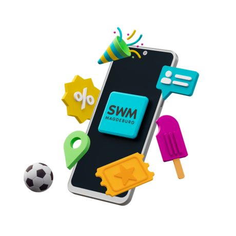 Grafik von einem Handy mit SWM Logo und Grafiken womit man mit der SWM App sparen kann