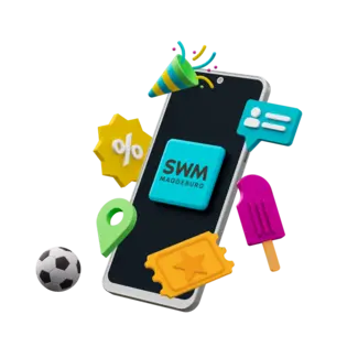 Grafik von einem Handy mit SWM Logo und Grafiken womit man mit der SWM App sparen kann