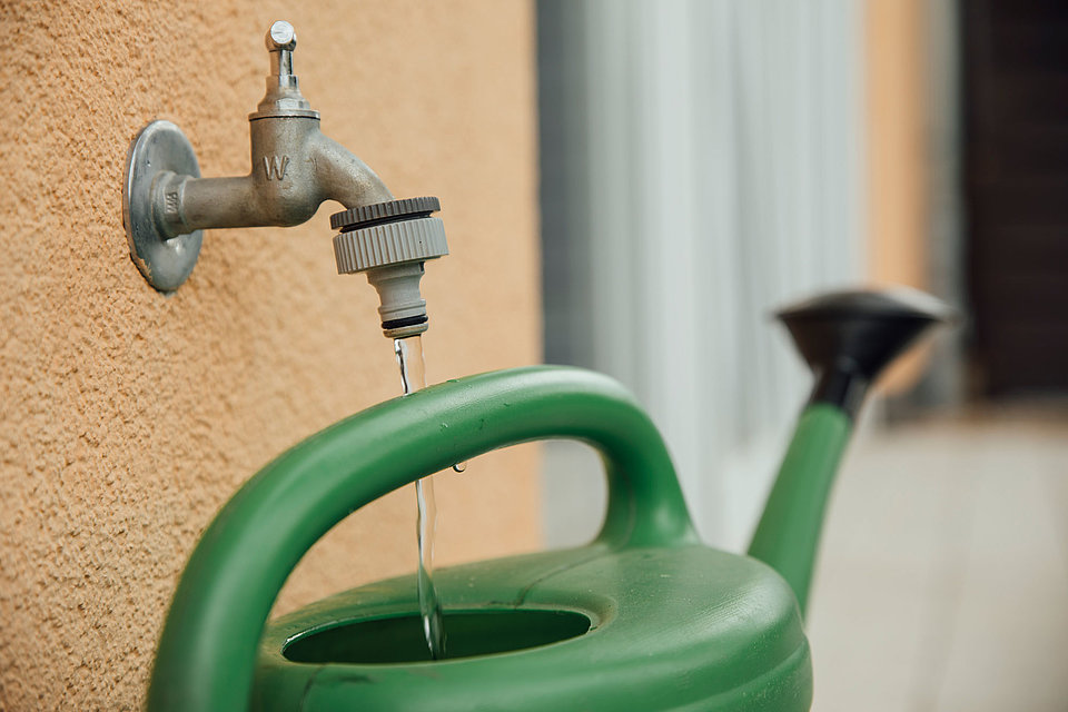 Wasser läuft in eine grüne Garten-Gießkanne