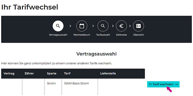SWM Onlineservice Formularansicht Tarifwechsel