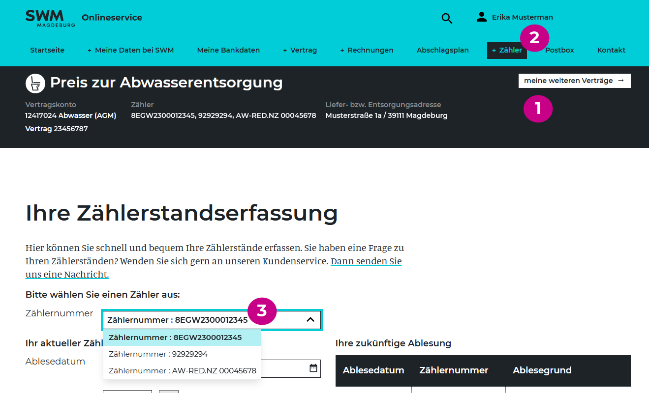 Screenshot vom SWM Onlineservice, in dem man sieht, wo man den Gartenwasserzähler findet