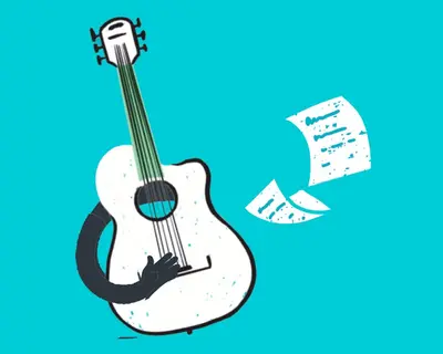 Illustration einer Gitarre mit Notenblättern