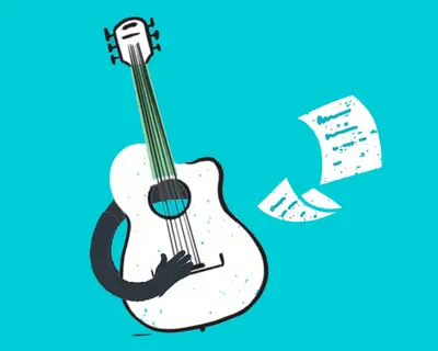 Illustration einer Gitarre mit Notenblättern