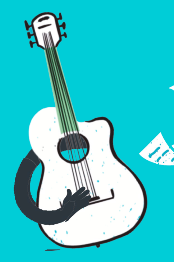 Illustration einer Gitarre mit Notenblättern