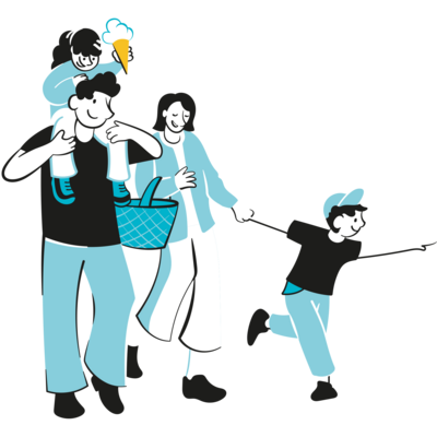 Grafik einer Familie: Mädchen sitzt beim Vater auf der Schulter, Junge bei der Mutter an der Hand