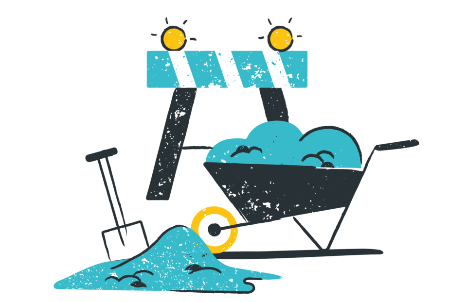 Illustration Baustelle mit Schubkarre, Schaufel und Absperrung