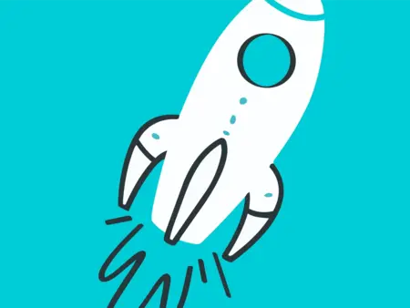 Weiße Grafik einer Rakete auf türkisem Hintergrund 