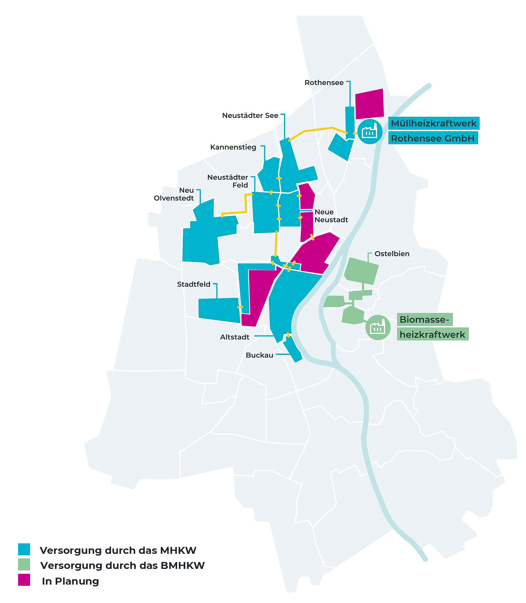 Übersichtskarte Fernwärmeversorgung Magdeburg mit Ausbaugebieten