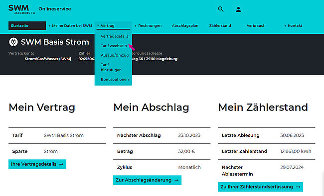 SWM Onlineservice Menüpunkt Tarif wechseln