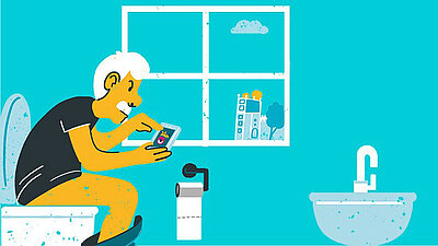 Grafik mit Mann, der auf der Toilette sitzt und auf´s Handy schaut