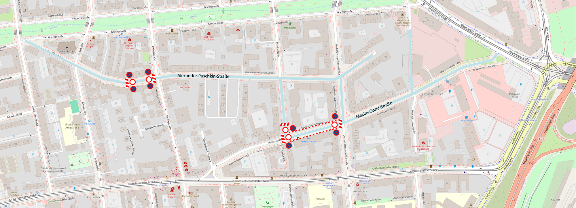 Karte mit Kennzeichnung von Baustellen in der Maxim-Gorki-Straße und der Alexander-Puschkin-Straße
