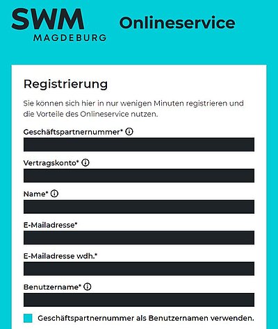 Formularmaske Registrierung im SWM Onlineservice