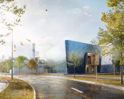 Es ist eine Architekturvisualisierung der neuen 110 kV Schaltanlage zu sehen