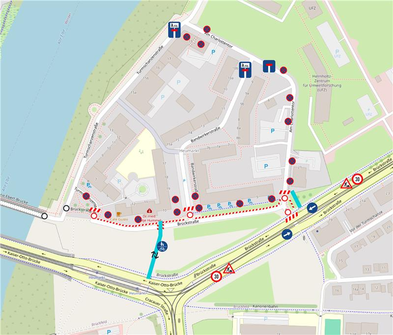 Übersicht der Sperrungen und Einschränkungen der Baustelle Brückstraße/Am Charlottentor