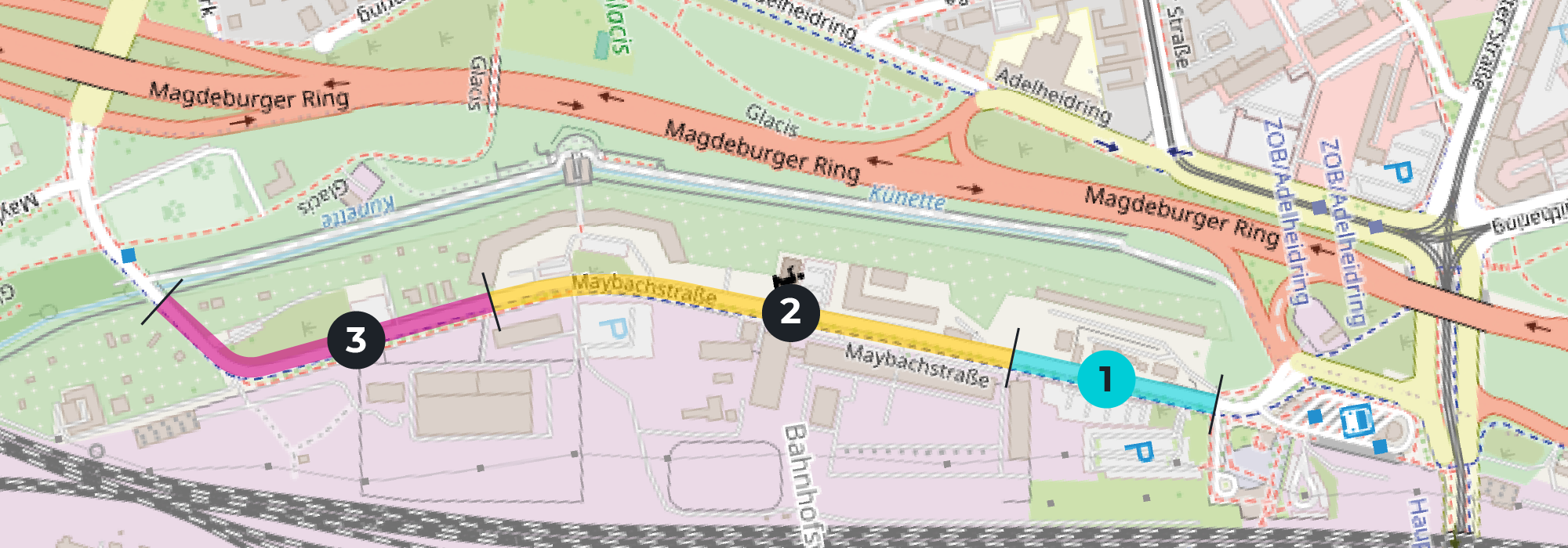 Kartenausschnitt der drei Bauabschnitte in der Maybachstraße