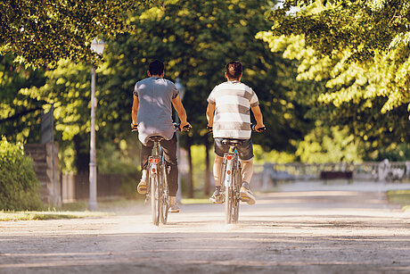 Keine Abgase - nur Staub der Straße Zwei Männer fahren auf SWM E-Bikes im Sommer durch eine Allee in Magdeburg