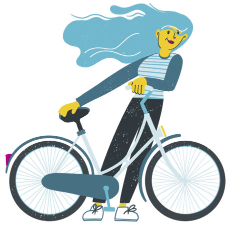 Grafik einer jungen Frau mit Rad und fliegenden Haaren