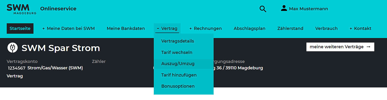 Menüpunkt Umzug im SWM Onlineservice