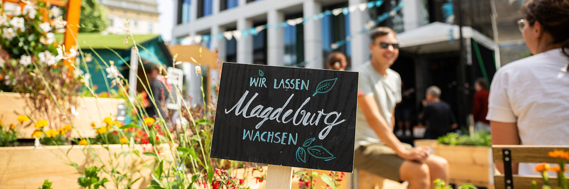 Schild "Wir lassen Magdeburg wachsen" im Hochbeet in Nachbars Garten