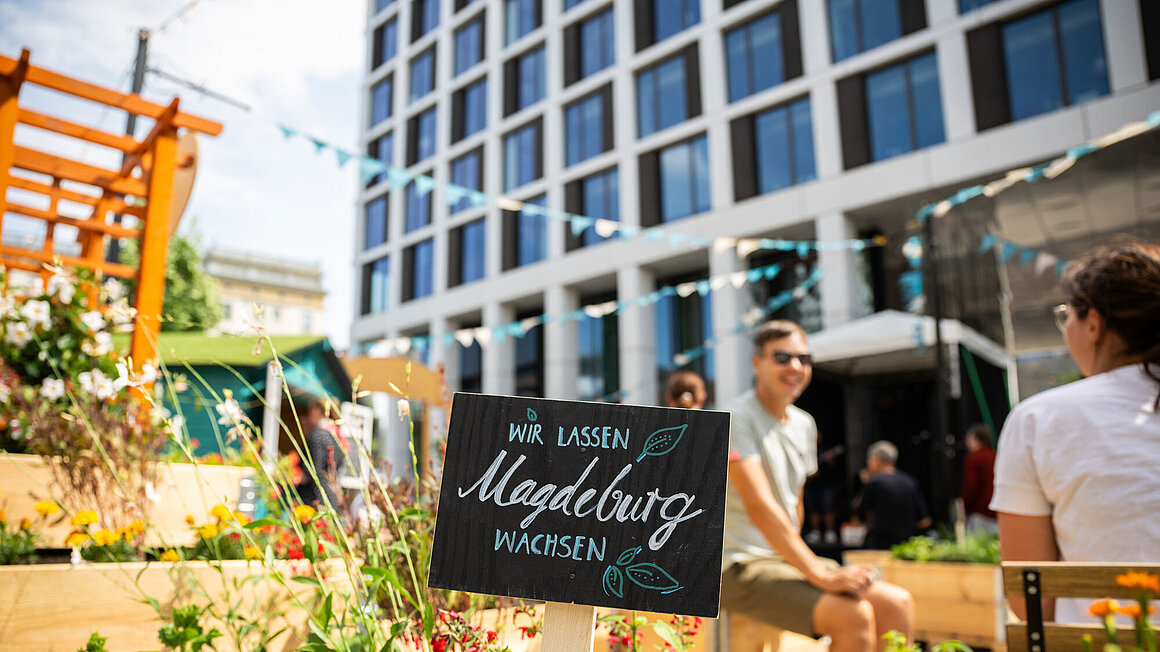 Schild "Wir lassen Magdeburg wachsen" im Hochbeet in Nachbars Garten