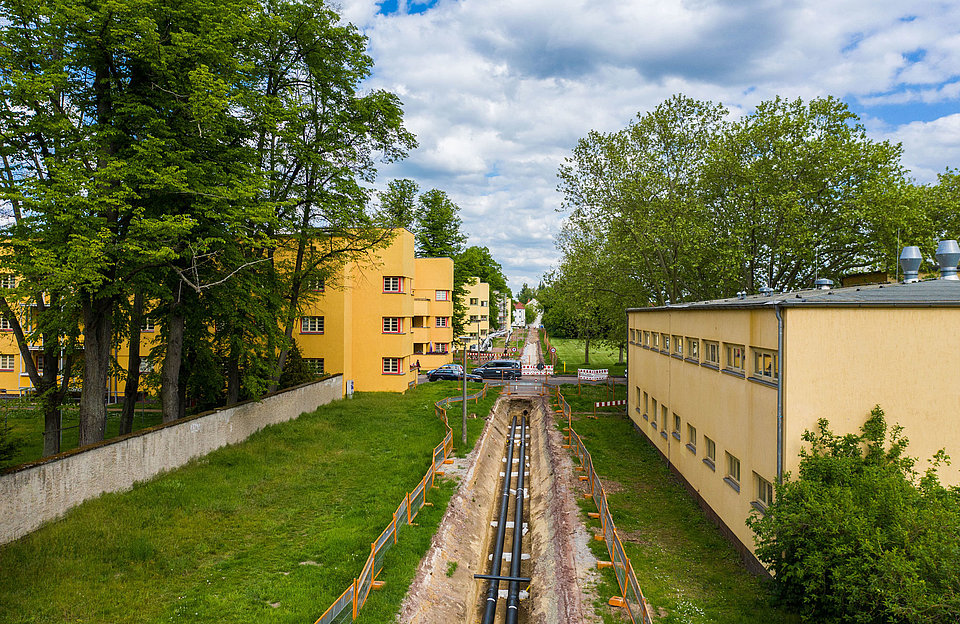 Blick auf die Fernwärmebaustelle Beims-Siedlung