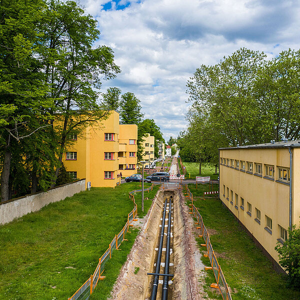 Blick auf die Fernwärmebaustelle Beims-Siedlung